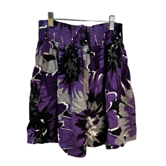 Smocked Waist Purple & Black Floral Print A-Line Mini Skirt Small - Picture 2 of 6